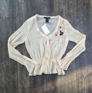 Parallel Cream Floral Sheer Silk Top - size 8